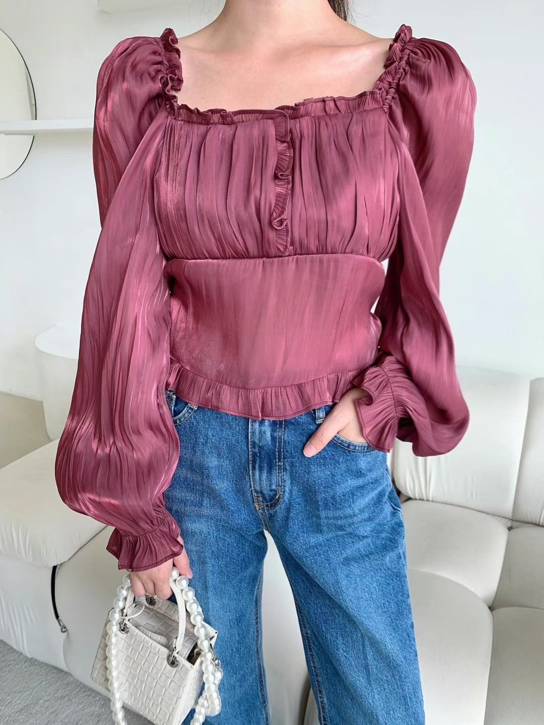 Off Shoulder Square Neck Satin Blouse