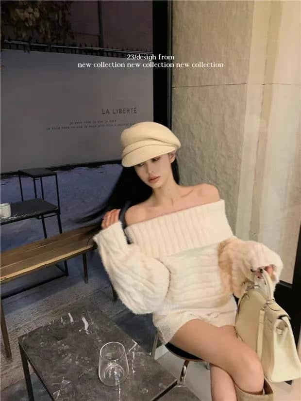 Off shoulder cable knit sweater