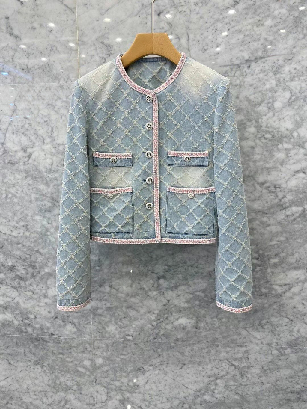 Argyle Pattern Washed Denim Jacket