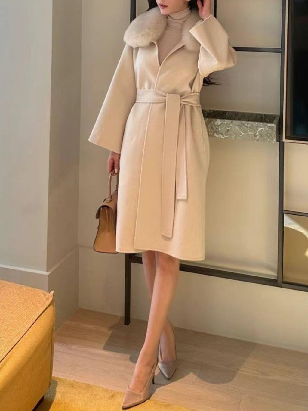 Open Front Fur Collar Woolen Coat *2 Colors