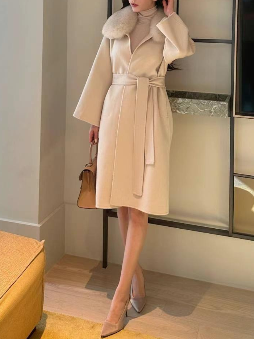 Open Front Fur Collar Woolen Coat *2 Colors
