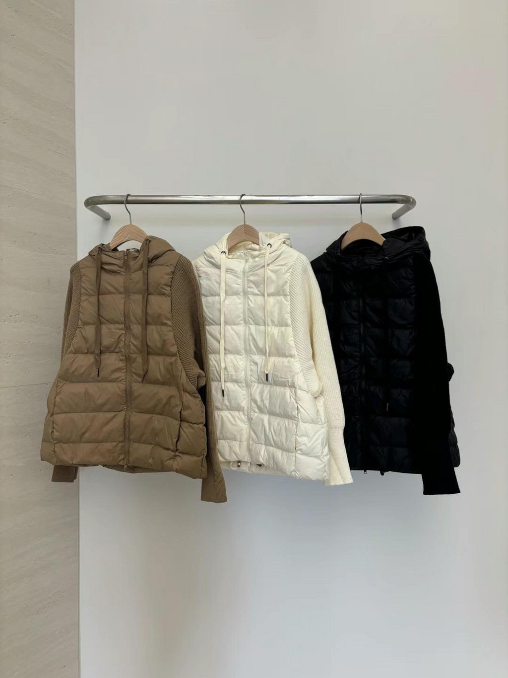 Zip-up Hooded Quilted Knitted Sleeves Jacket *3 Colors