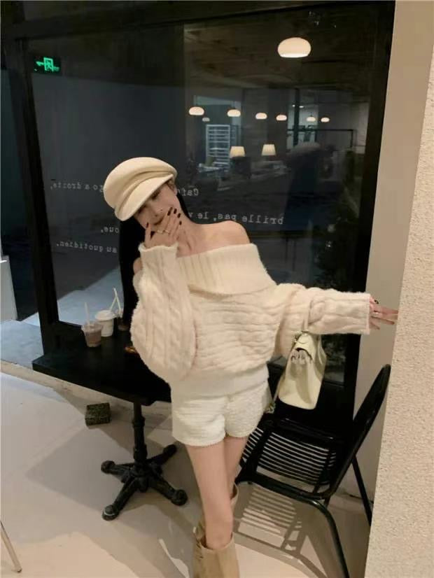 Off shoulder cable knit sweater
