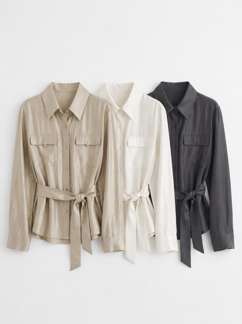 Satin Belted Utility Long Sleeve Shirt