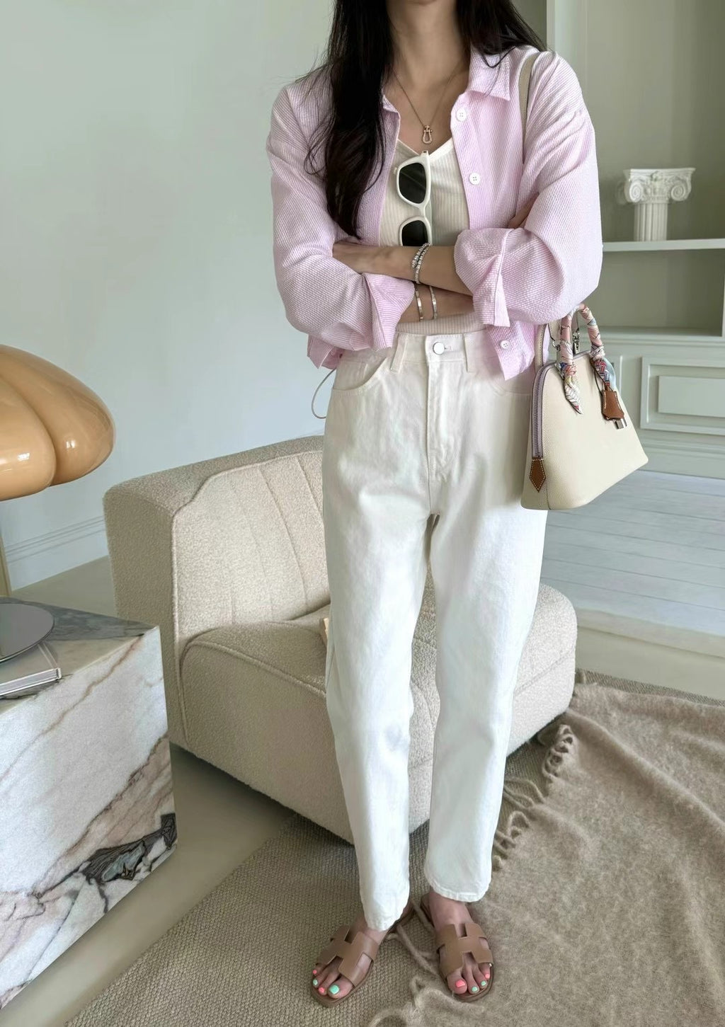High Waist Cropped White Jeans Relaxed Fit