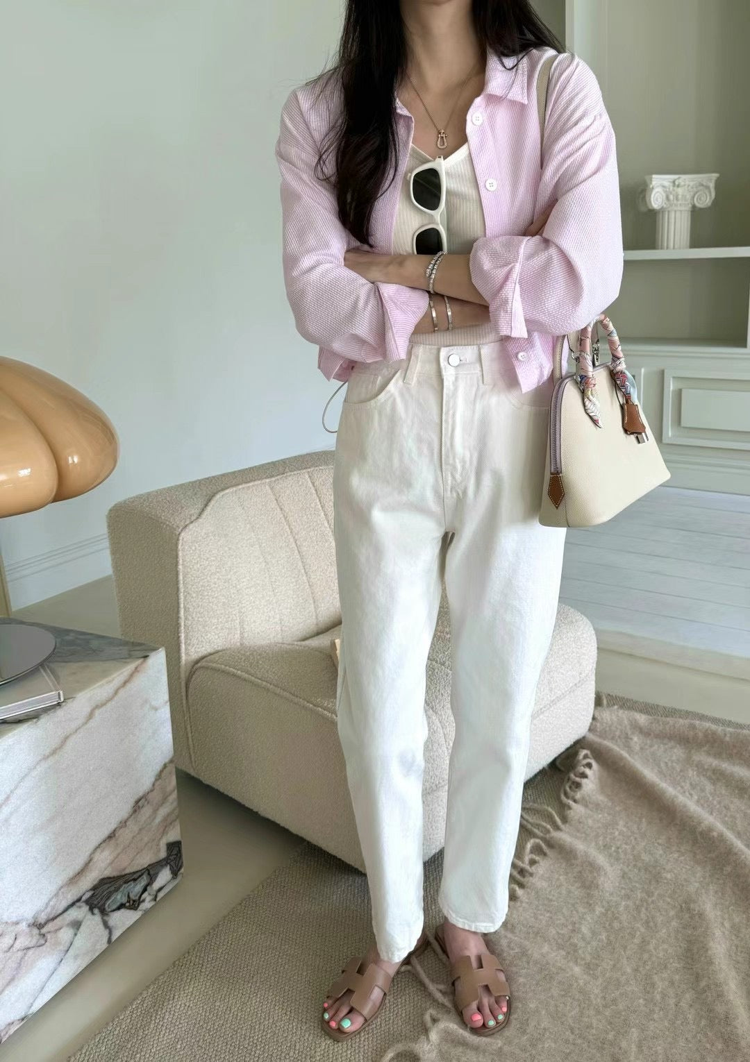 High Waist Cropped White Jeans Relaxed Fit