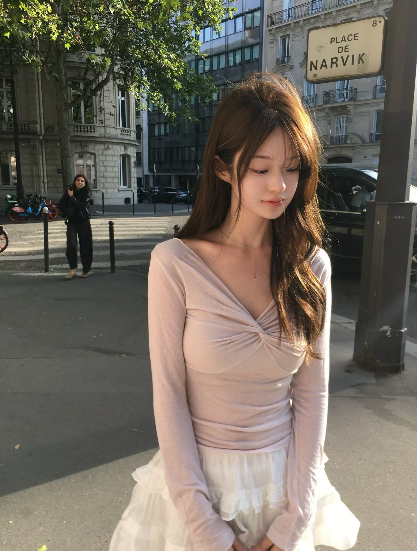 Twist-Front V-Neck Long-Sleeve Knit Top