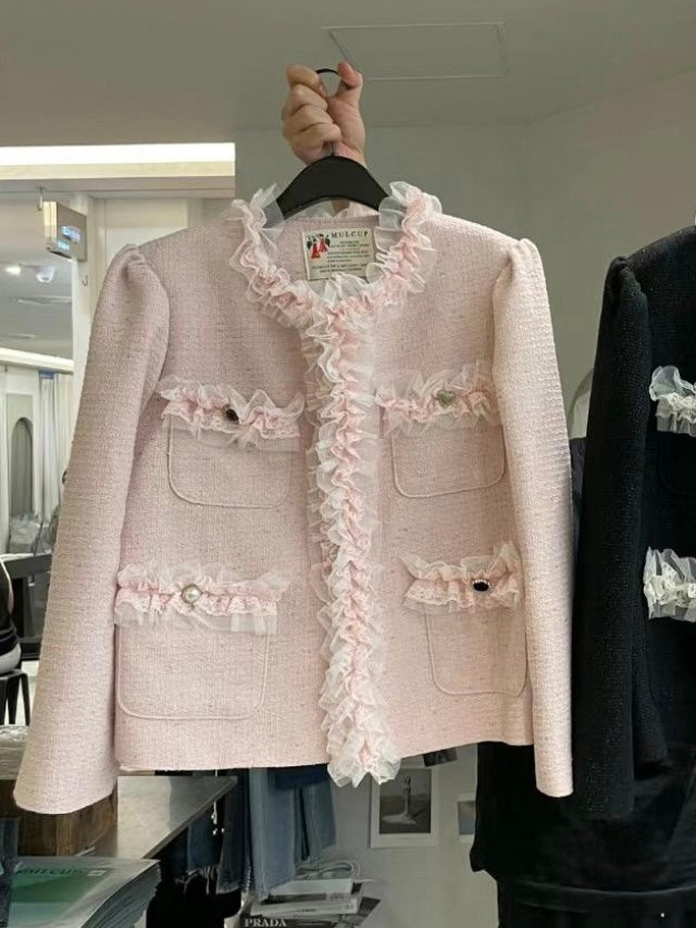 Ruffled-Trim Tweed oversized Jacket *2 Colors
