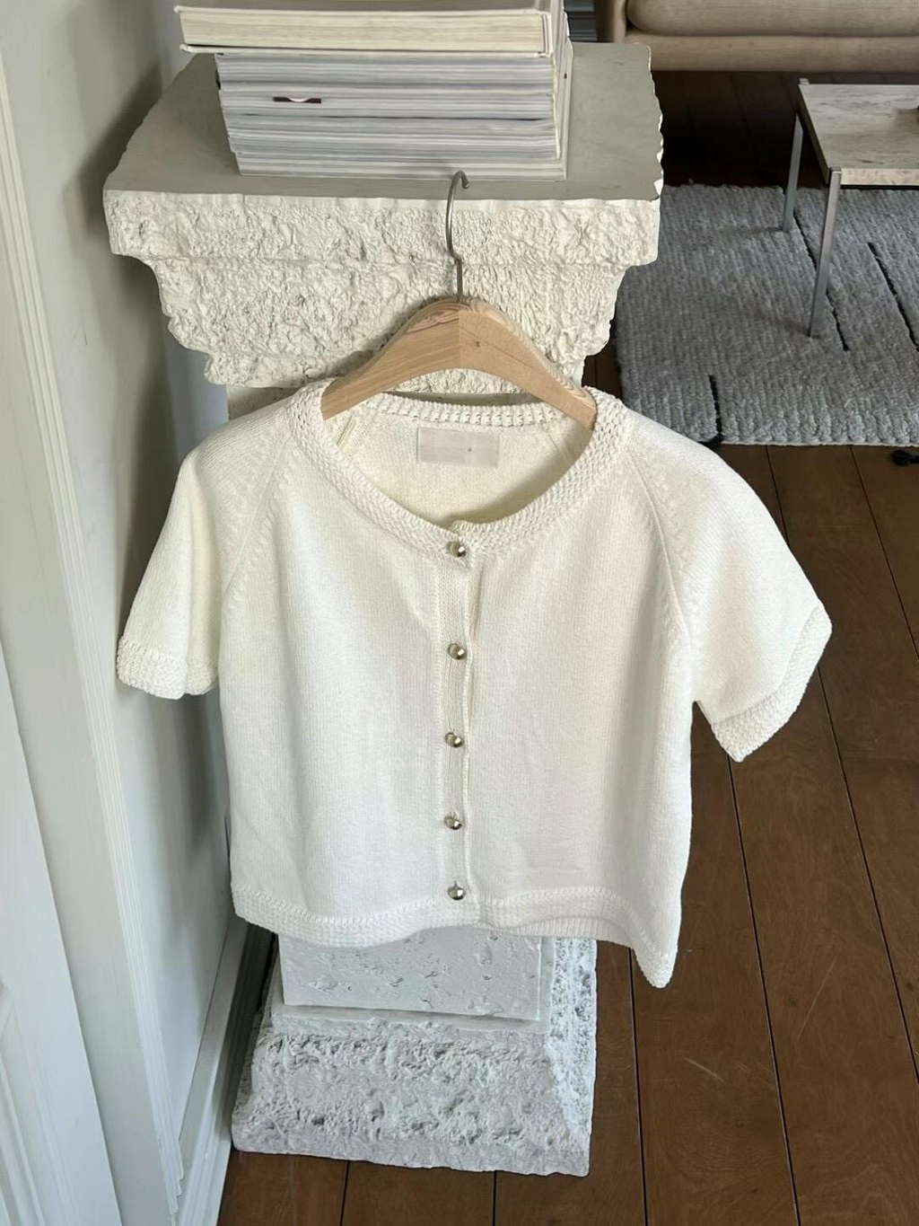 Short-sleeved Braided trim Knitted Cardigan *3 Colors