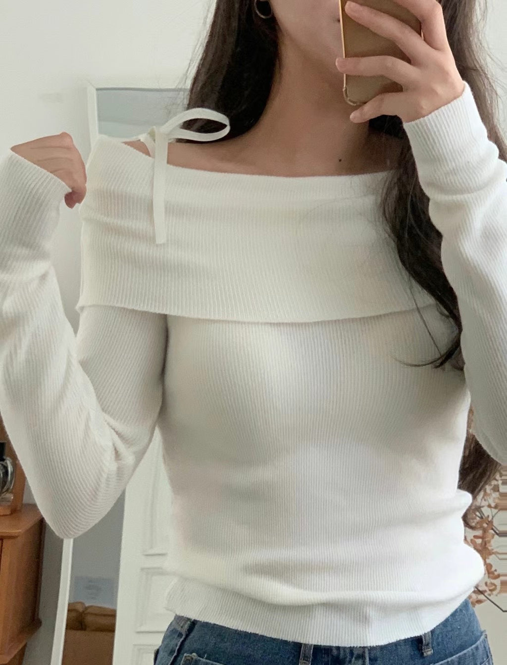 Off-Shoulder Knitted Tie-Strap Top * new Colors