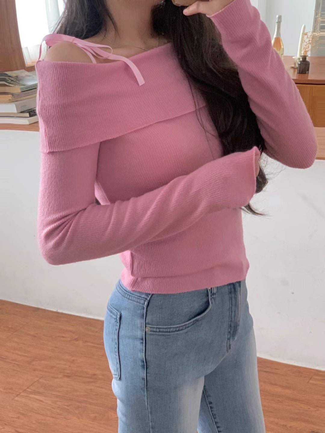 Off-Shoulder Knitted Tie-Strap Top * new Colors