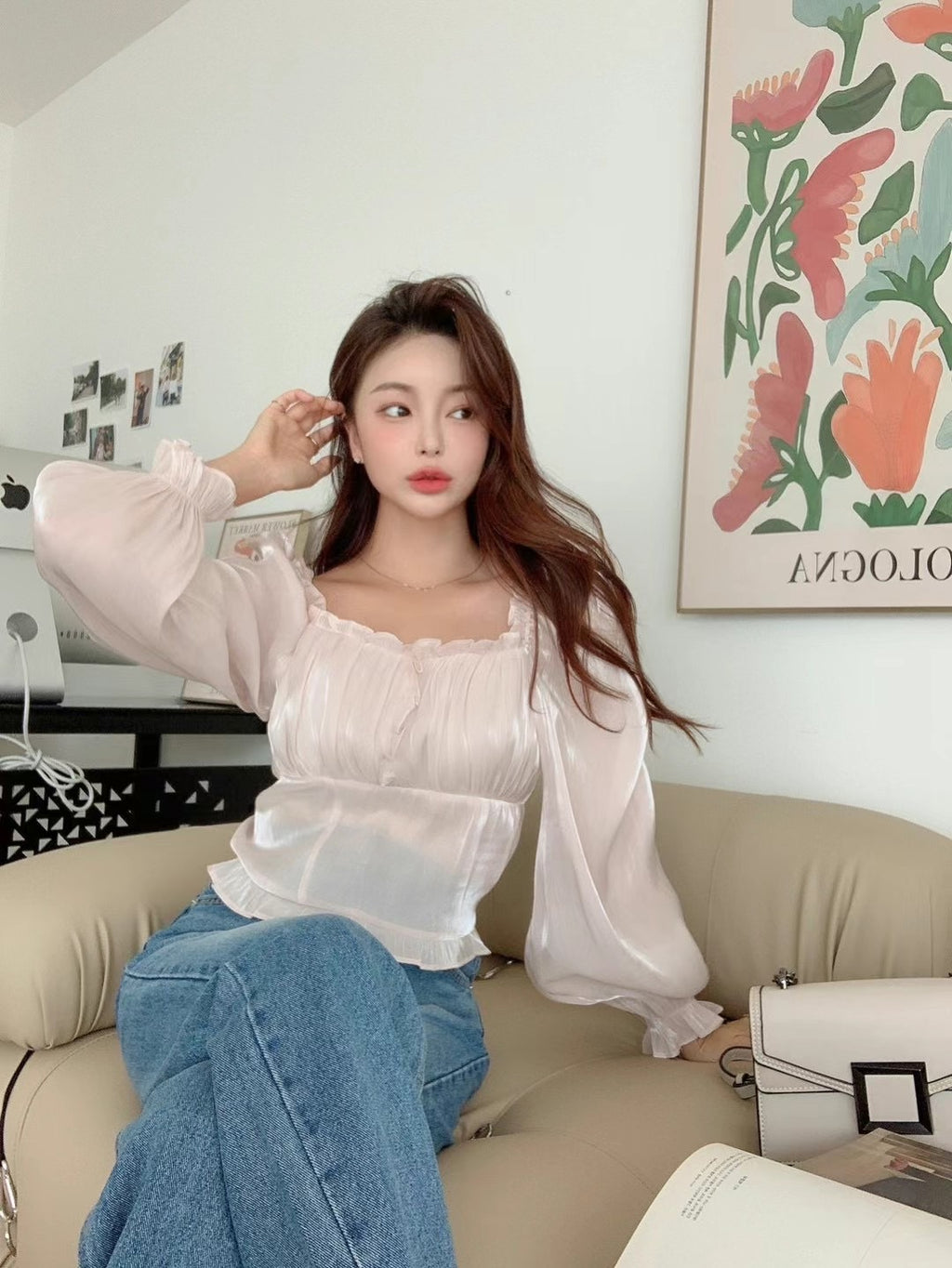 Off Shoulder Square Neck Satin Blouse