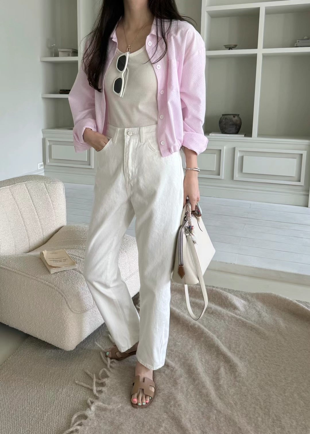 High Waist Cropped White Jeans Relaxed Fit