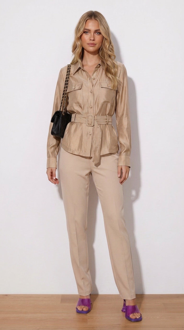 Satin Belted Utility Long Sleeve Shirt