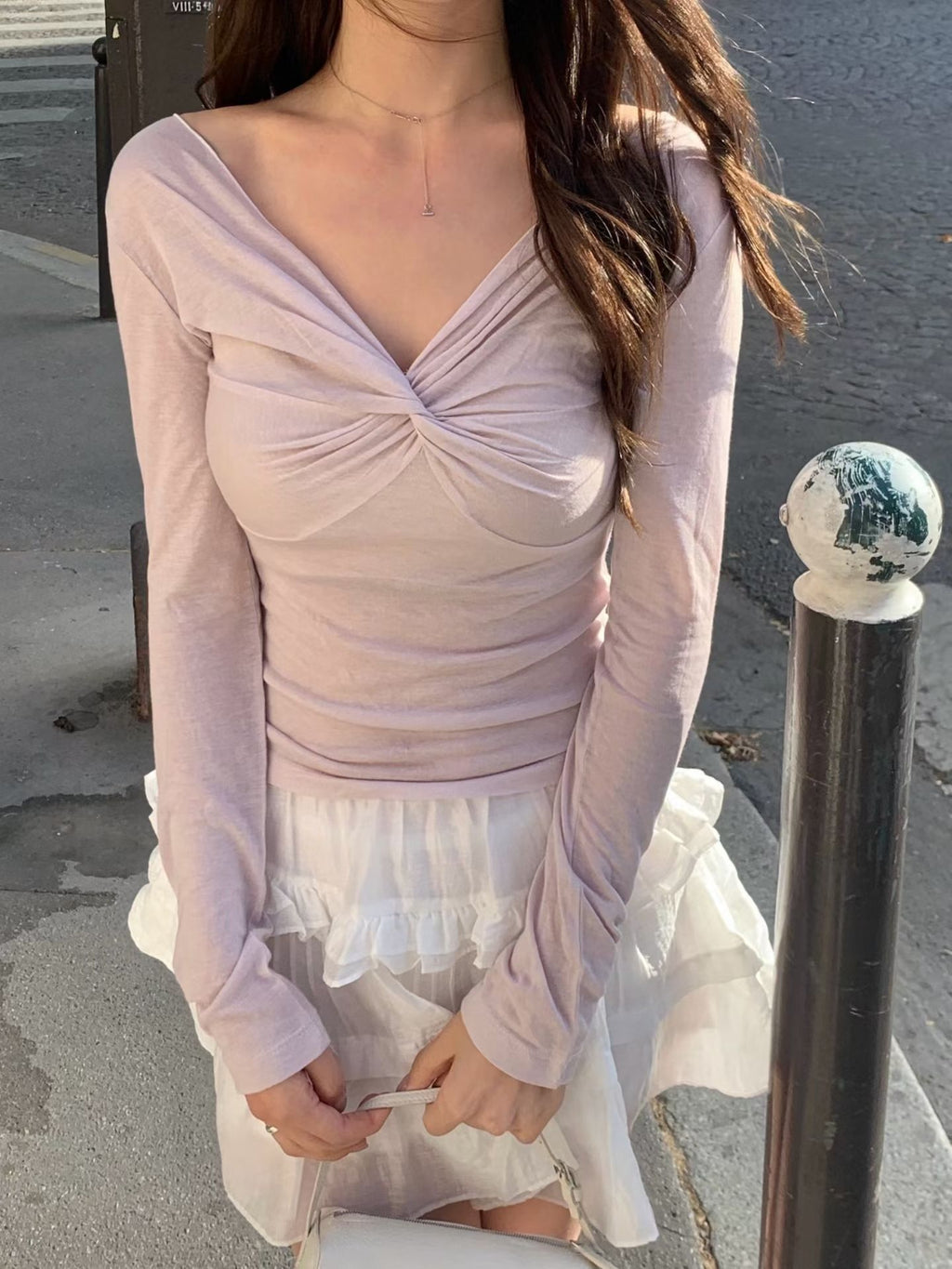 Twist-Front V-Neck Long-Sleeve Knit Top