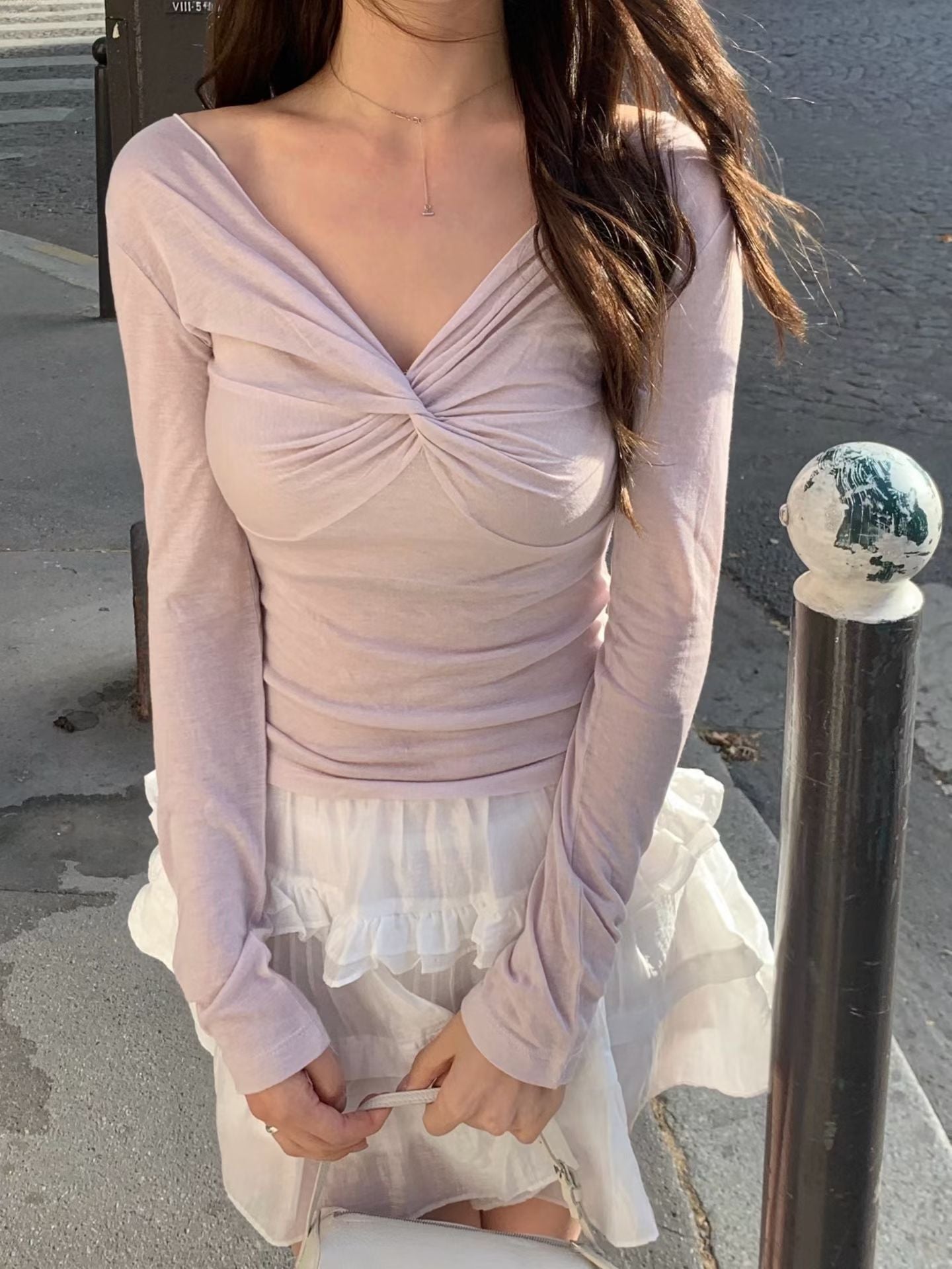 Twist-Front V-Neck Long-Sleeve Knit Top