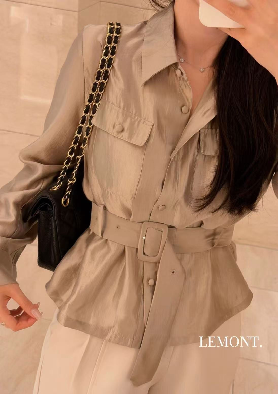 Satin Belted Utility Long Sleeve Shirt