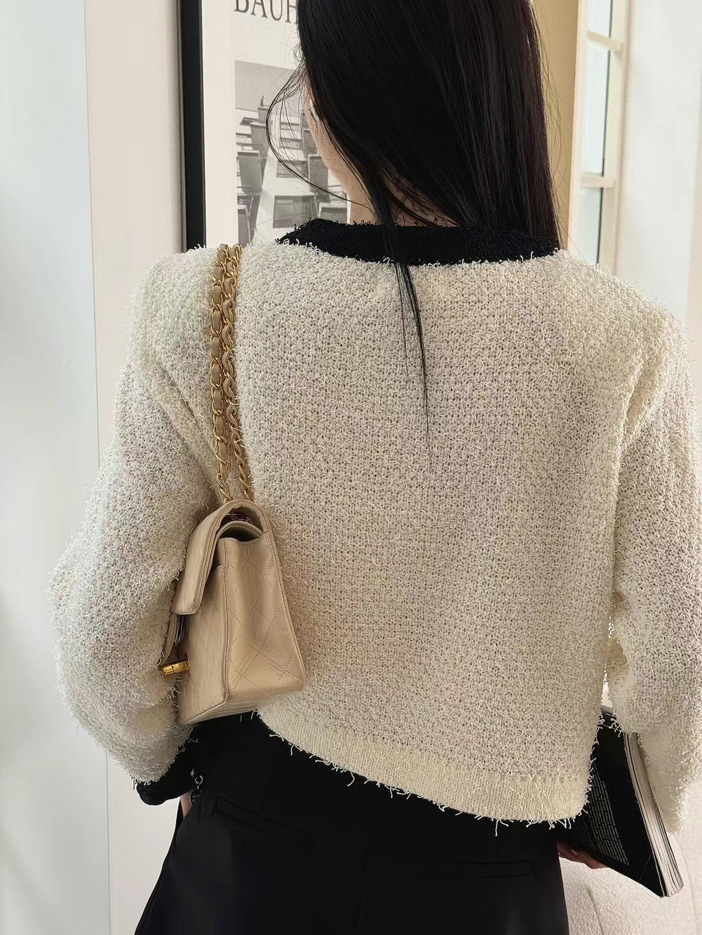 Round Neck Button Down Dark Trim Cardigan