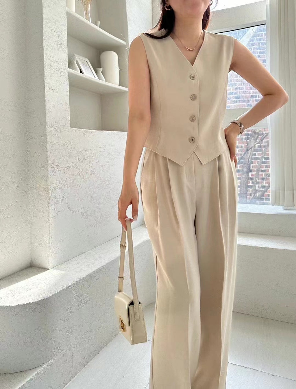 Sleeveless Button Down Vest Trousers Set*2 colors
