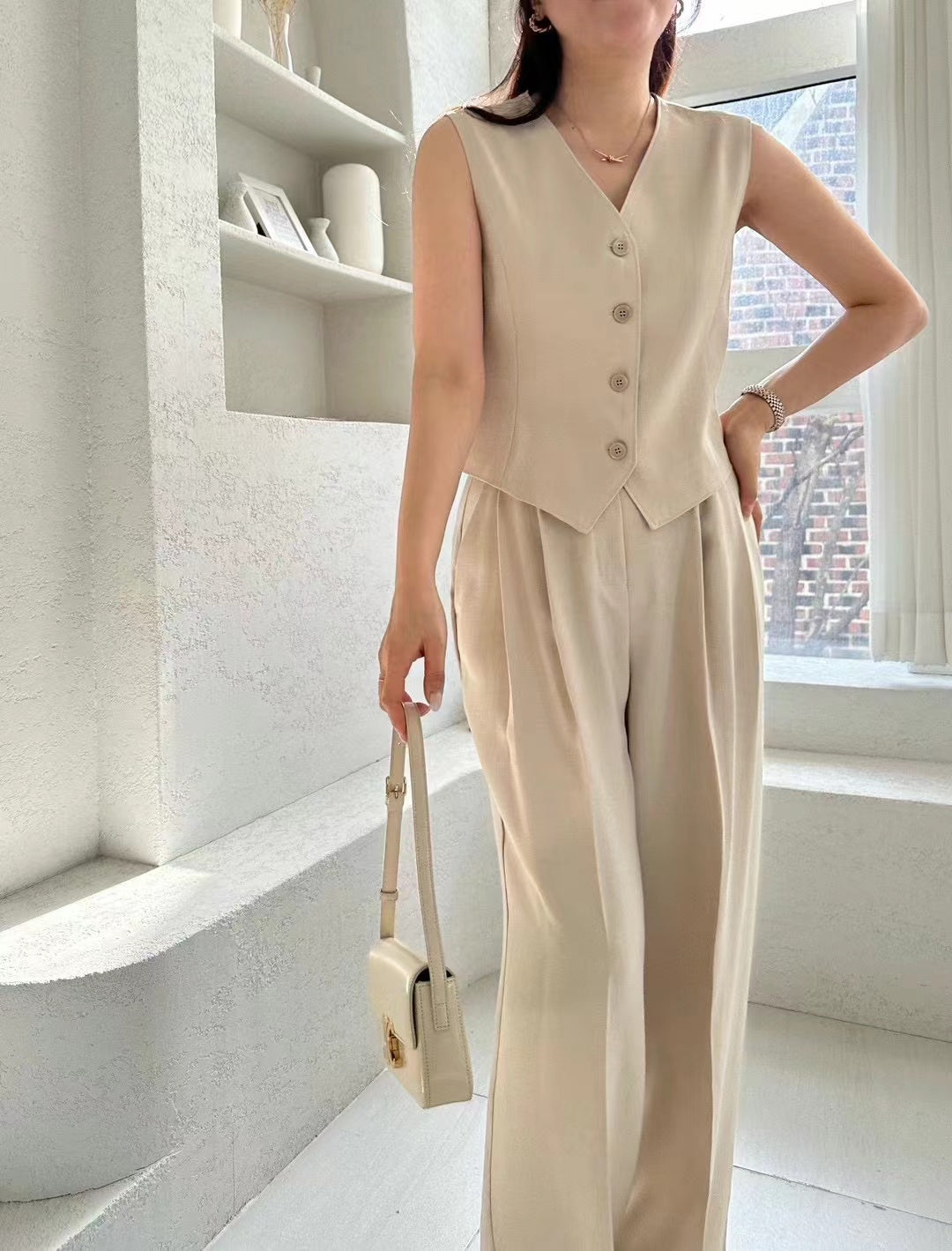 Sleeveless Button Down Vest Trousers Set*2 colors