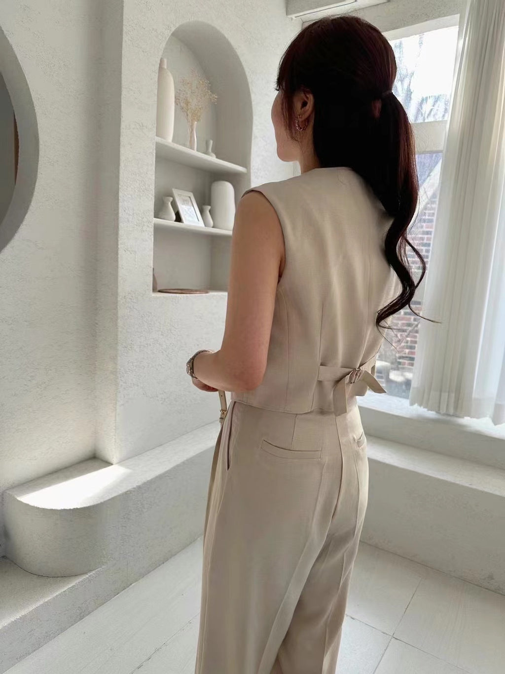 Sleeveless Button Down Vest Trousers Set*2 colors