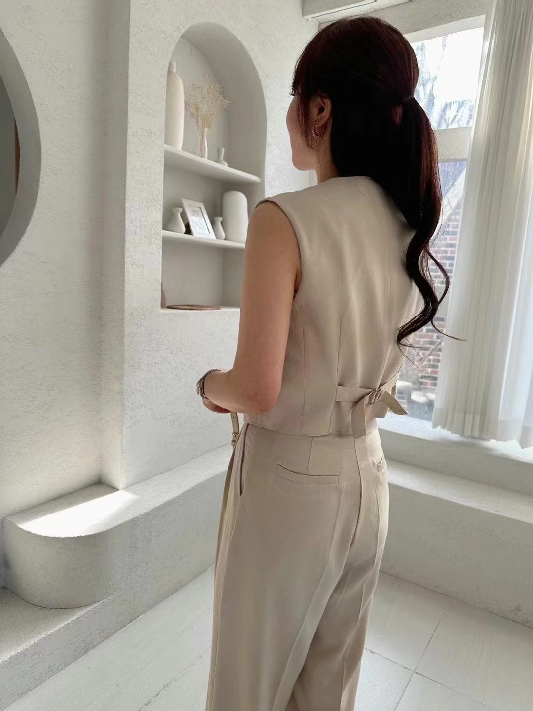 Sleeveless Button Down Vest Trousers Set*2 colors