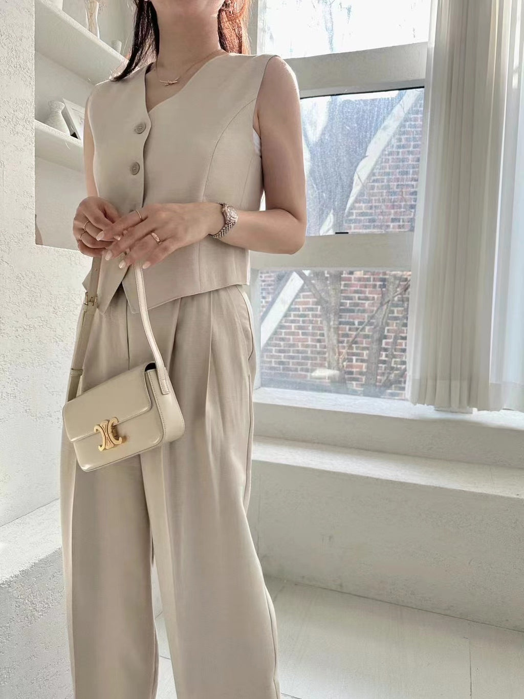 Sleeveless Button Down Vest Trousers Set*2 colors