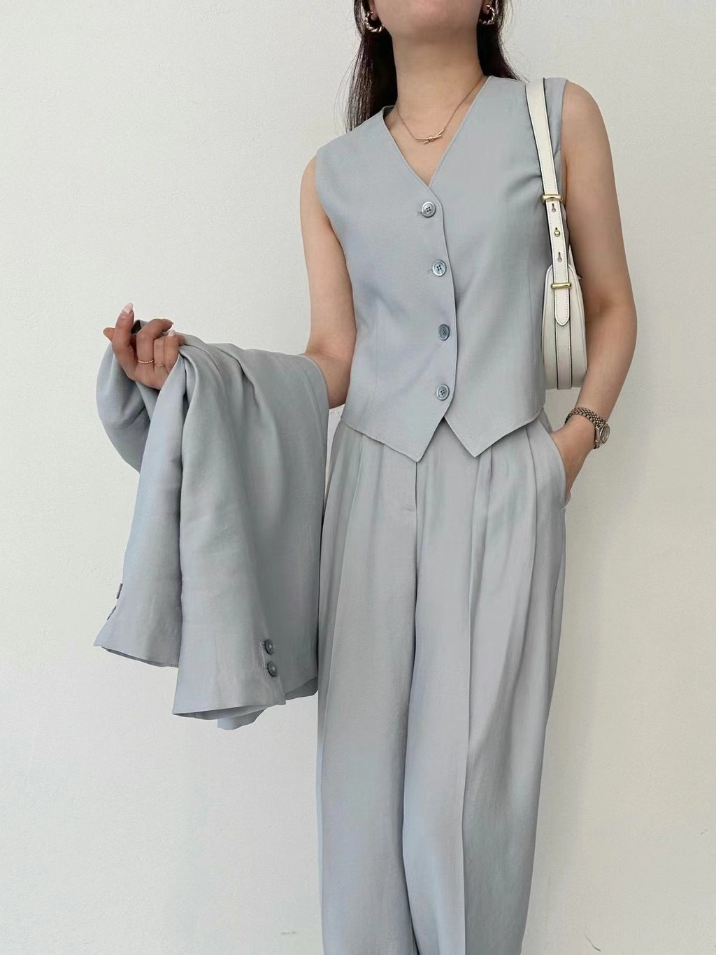Sleeveless Button Down Vest Trousers Set*2 colors