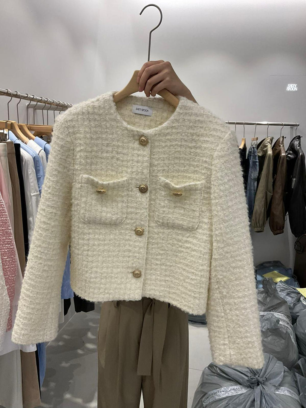Round Neck Tweed Jacket *2 Colors