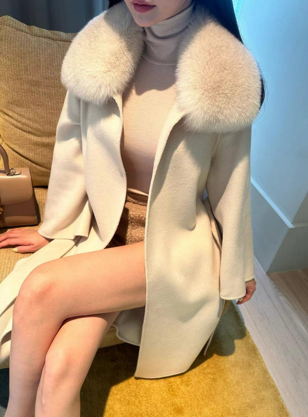 Open Front Fur Collar Woolen Coat *2 Colors