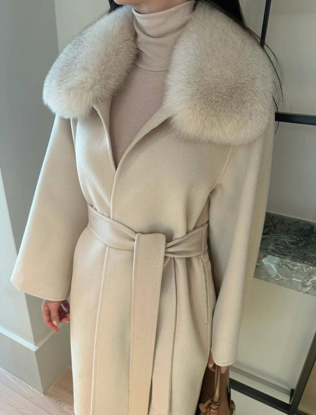 Open Front Fur Collar Woolen Coat *2 Colors