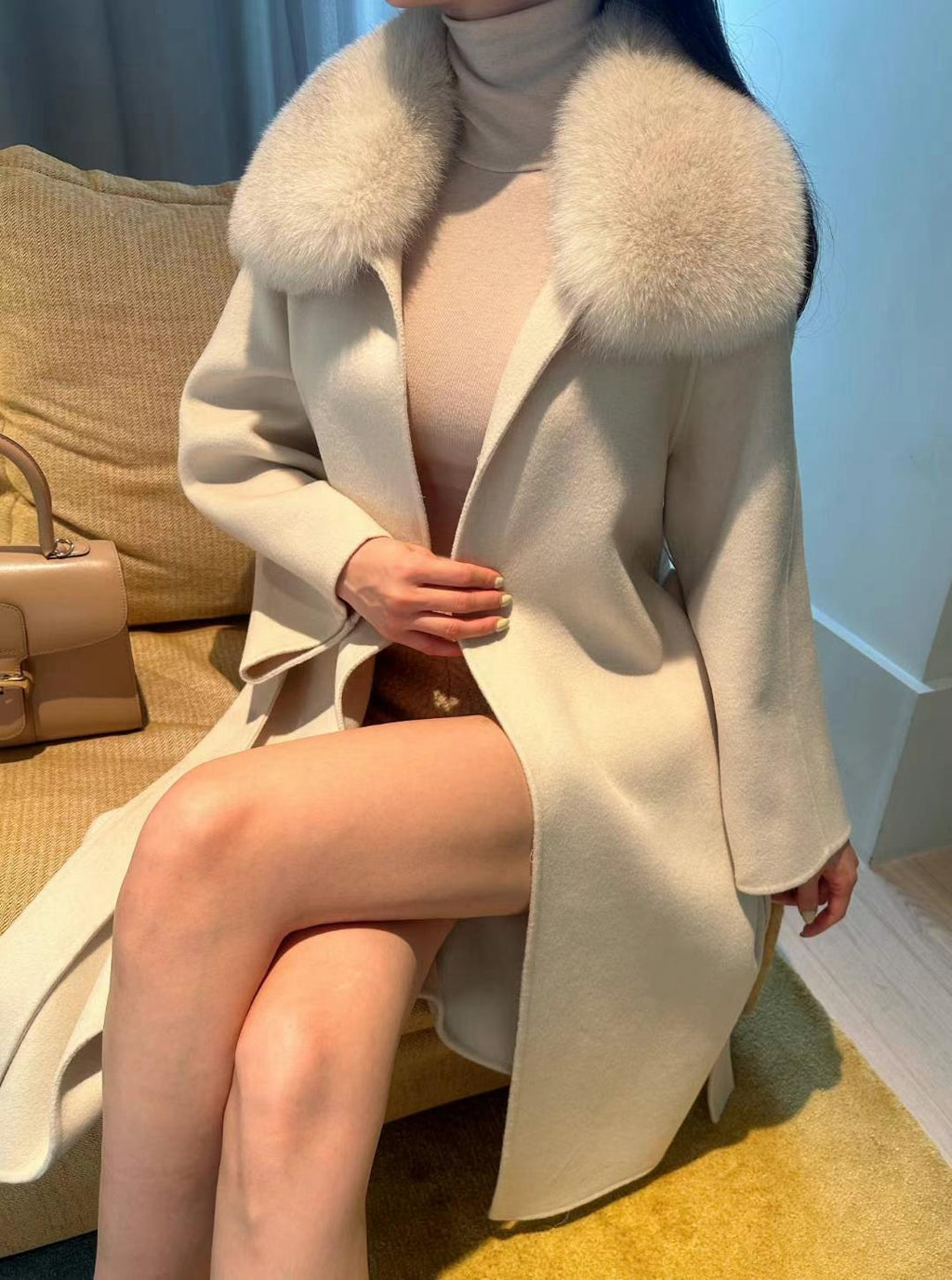 Open Front Fur Collar Woolen Coat *2 Colors