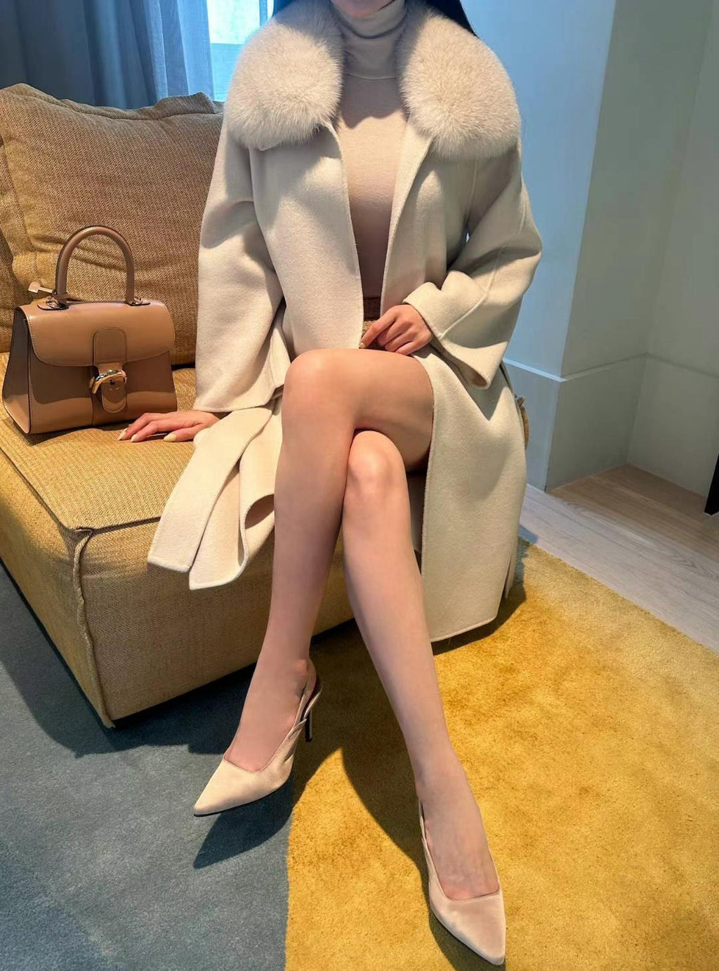 Open Front Fur Collar Woolen Coat *2 Colors