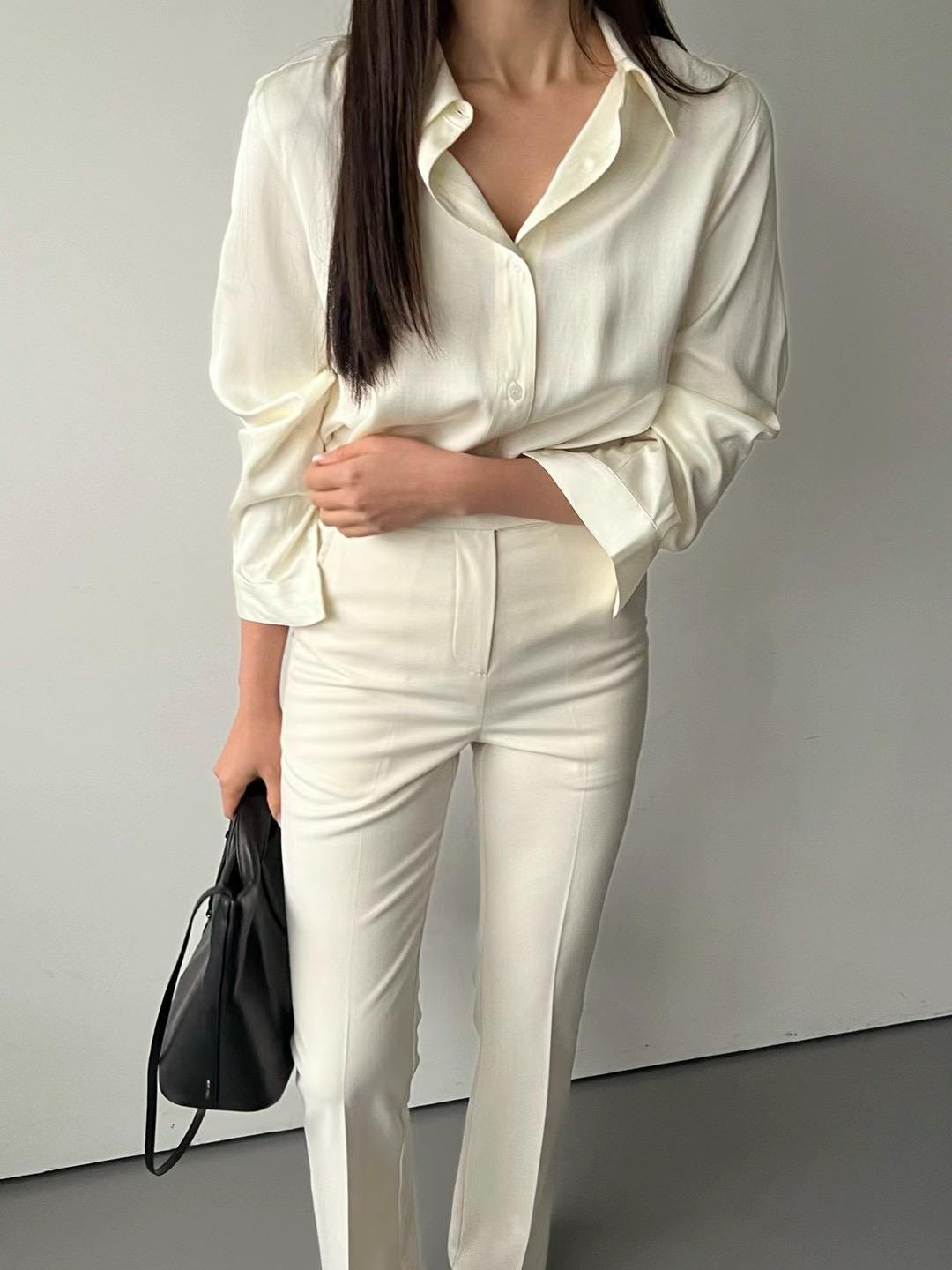 Button-up Collared Long Sleeved Satin Blouse *2 Colors