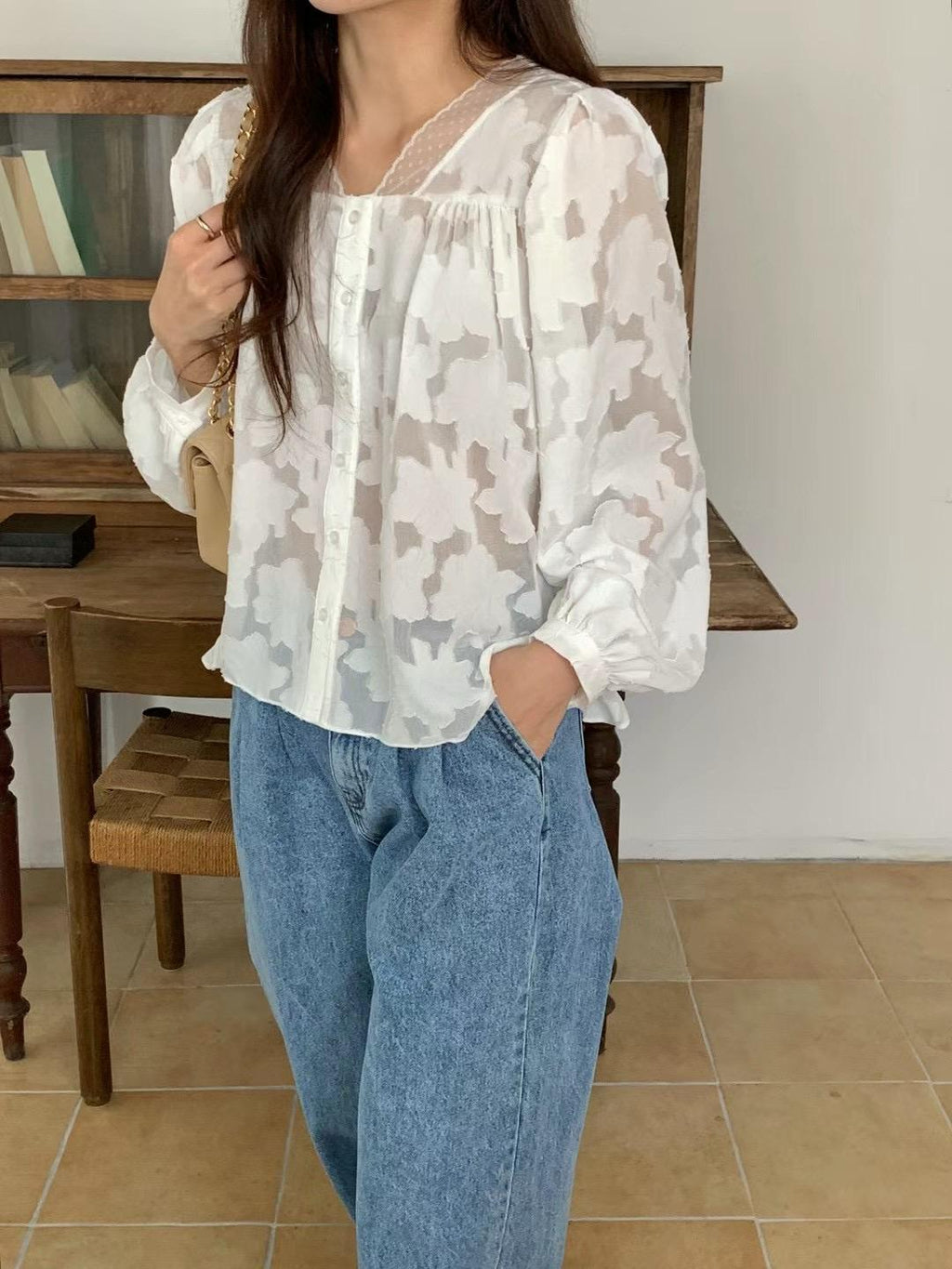 Lace Trim Button-down Mesh Blouse *3 Colors