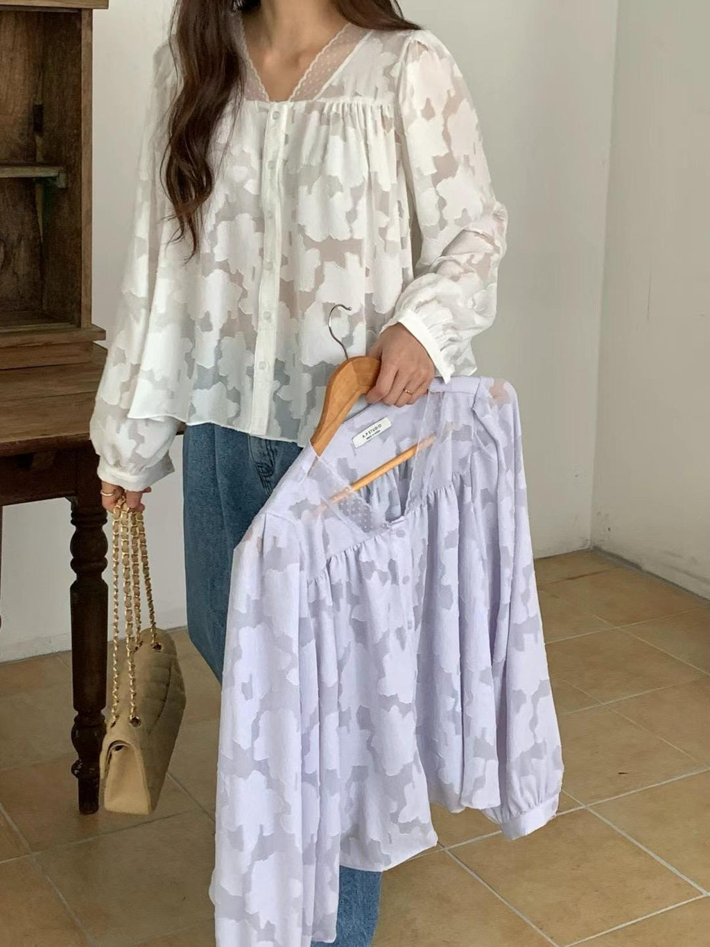 Lace Trim Button-down Mesh Blouse *3 Colors