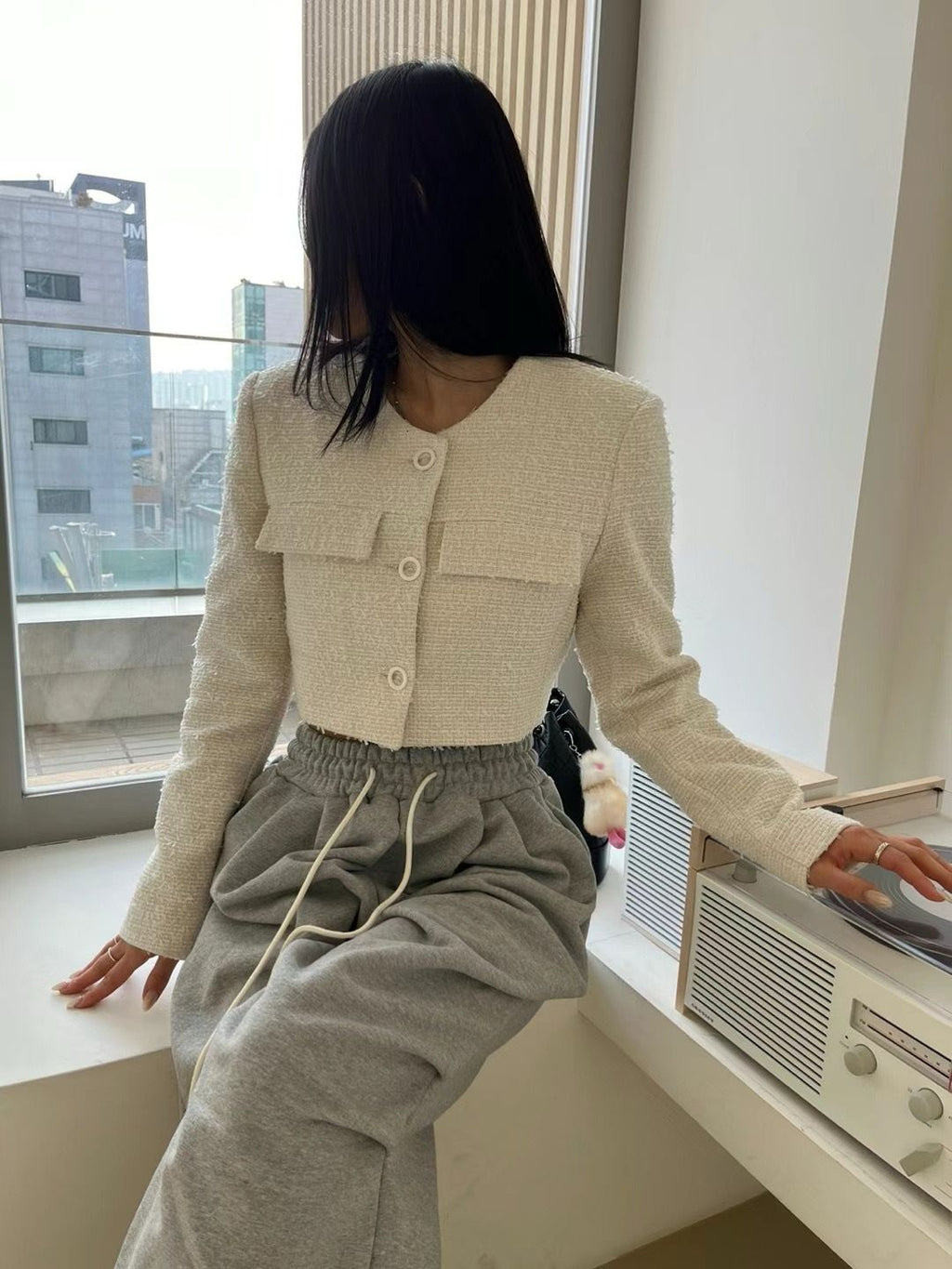 Long-sleeved Cropped Tweed Jacket *3 Colors
