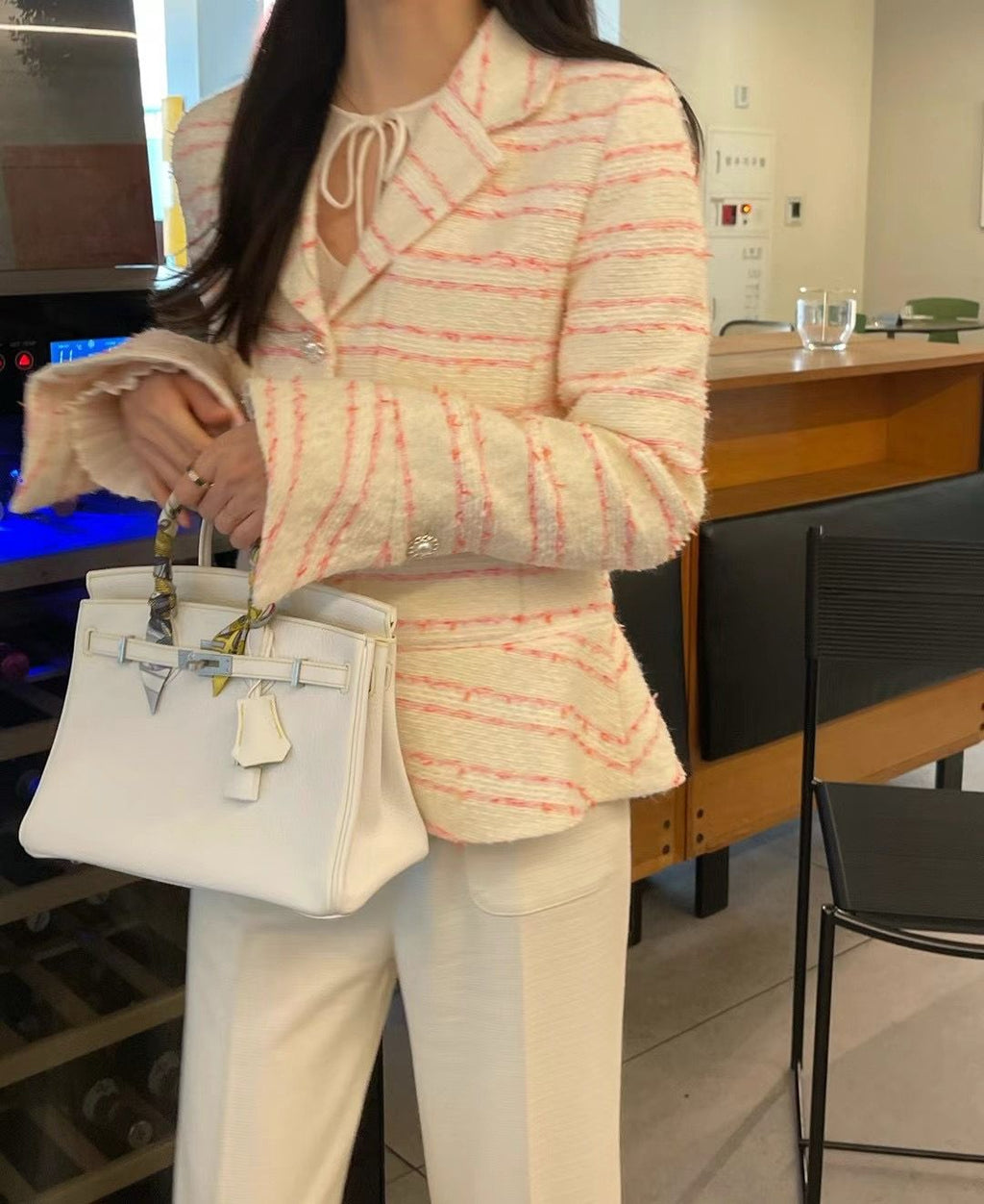 V-neck Collared Bell Sleeves Knitted Striped Blazer