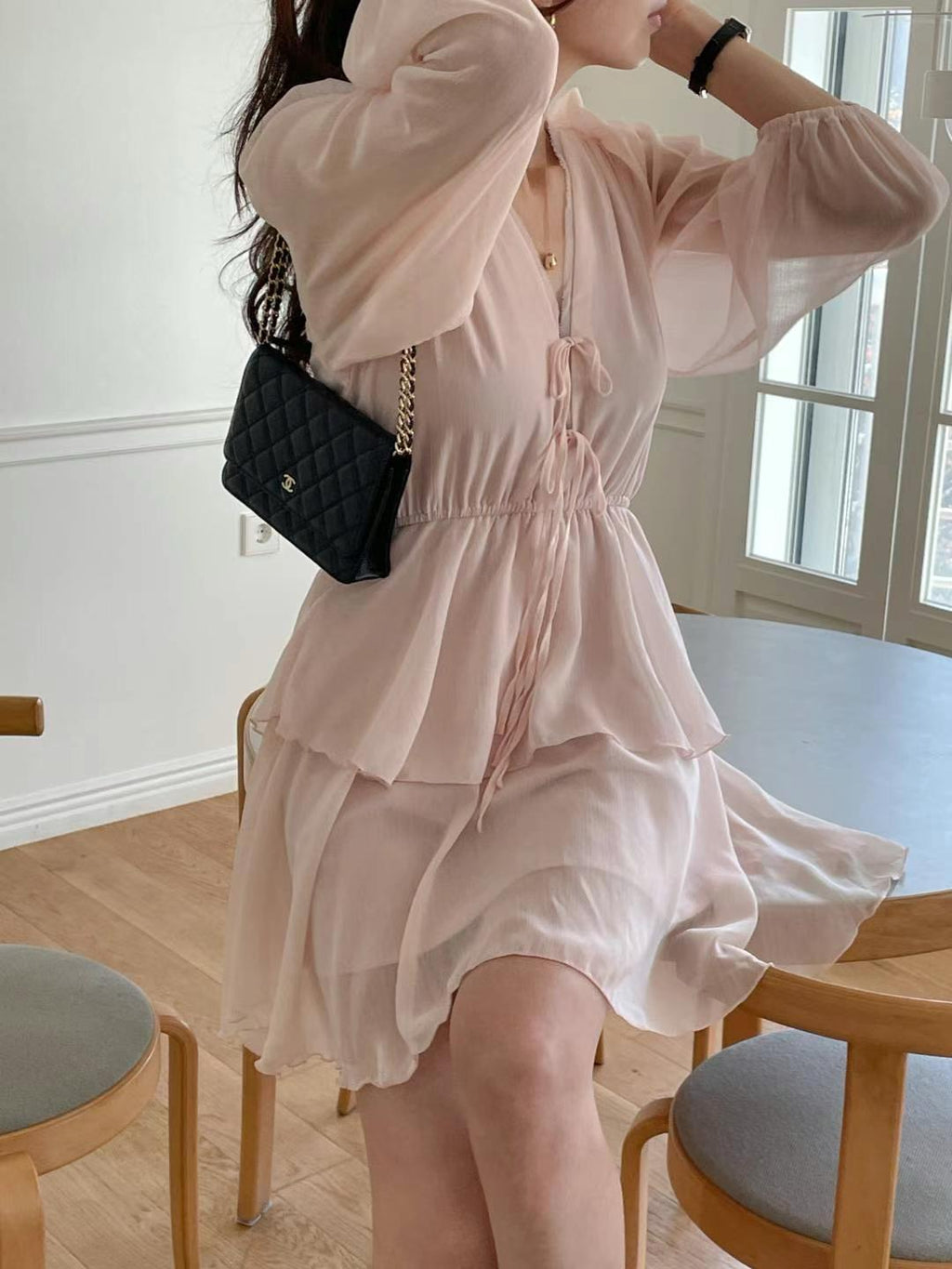 V-neck Long Sleeved Layered Dress