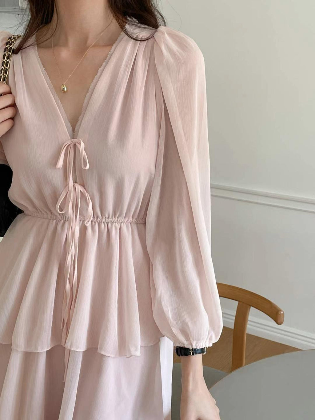 V-neck Long Sleeved Layered Dress