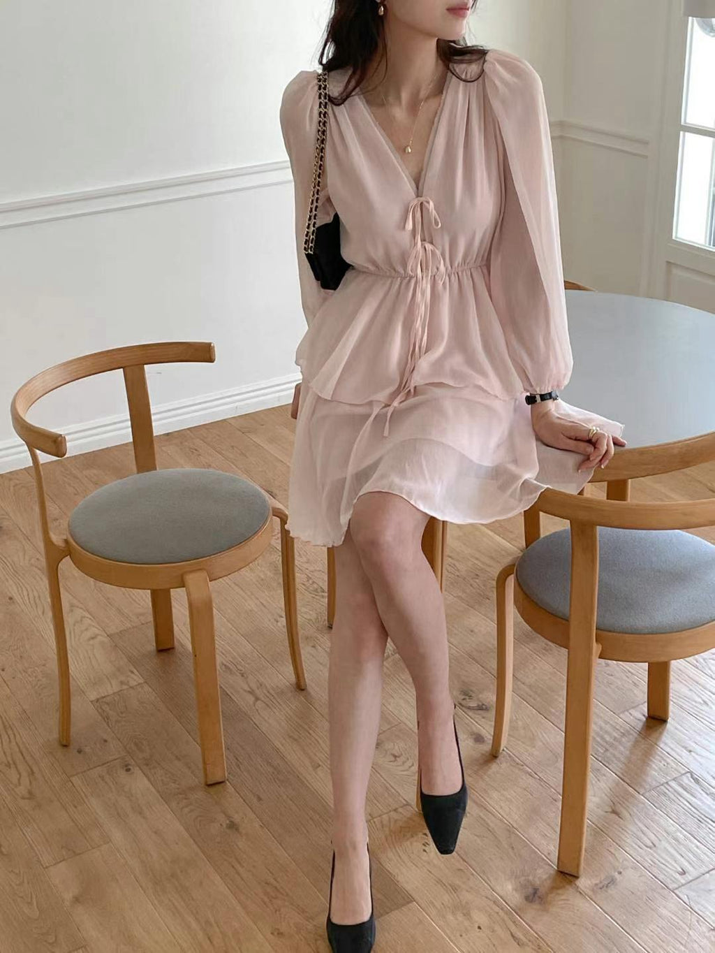 V-neck Long Sleeved Layered Dress
