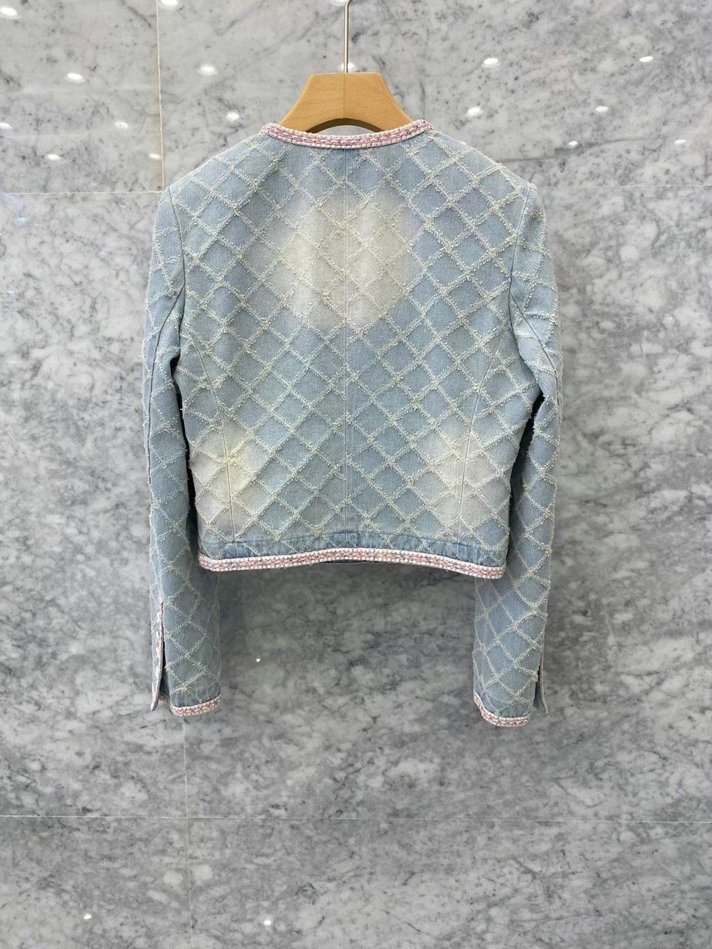 Argyle Pattern Washed Denim Jacket
