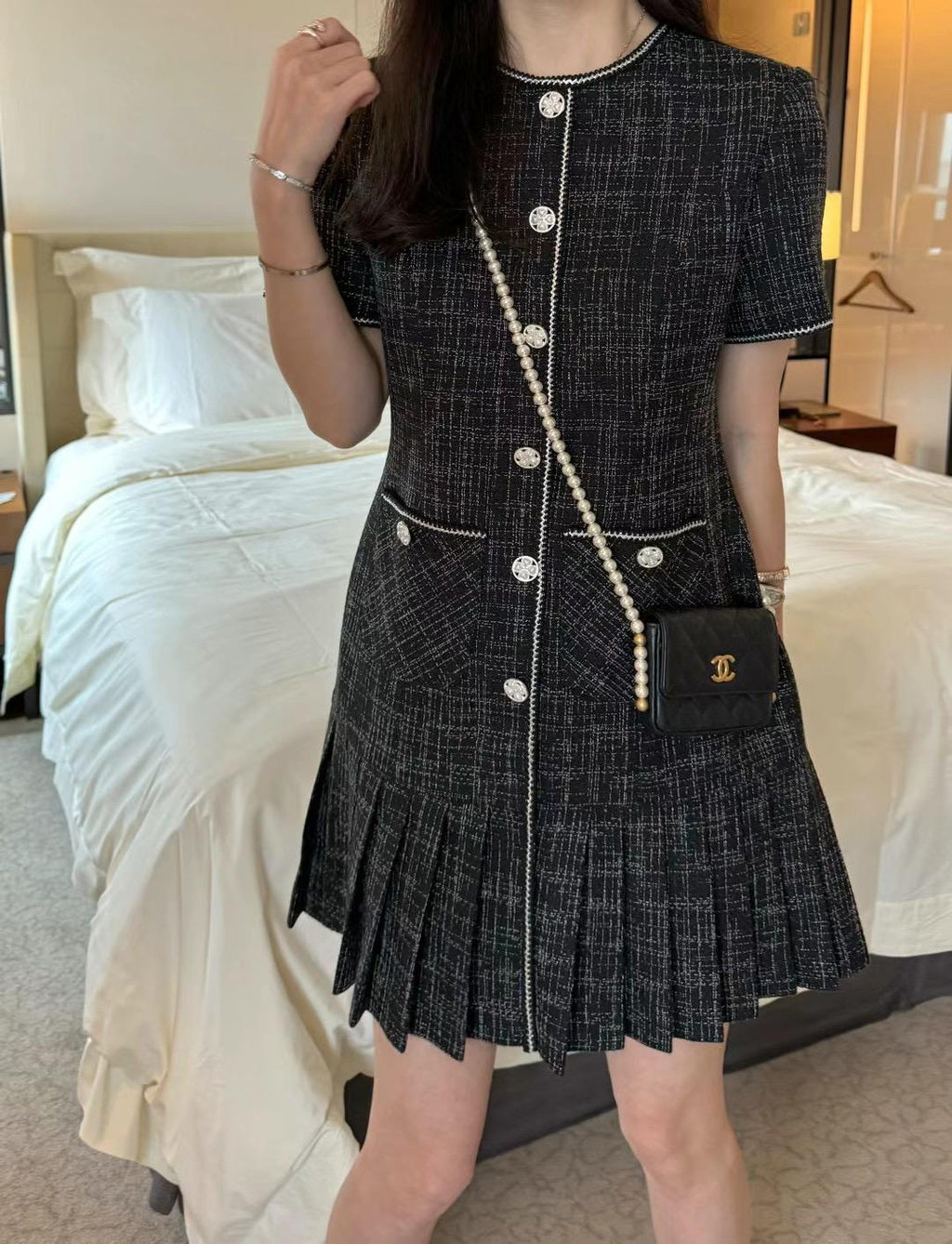Button-down Tweed Pleated Dress *2 Colors