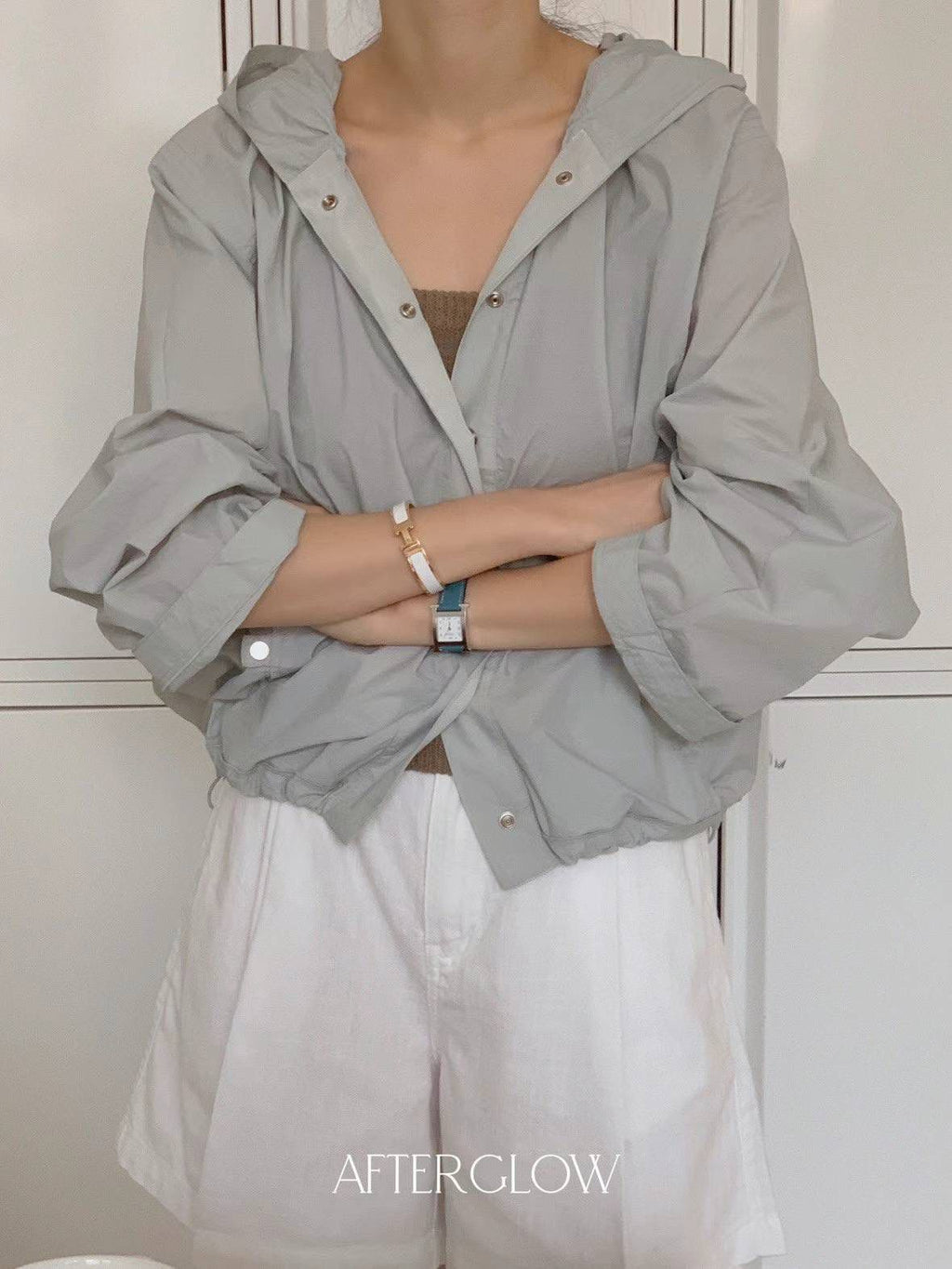 Button Down Hooded Windbreaker Jacket *3 Colors