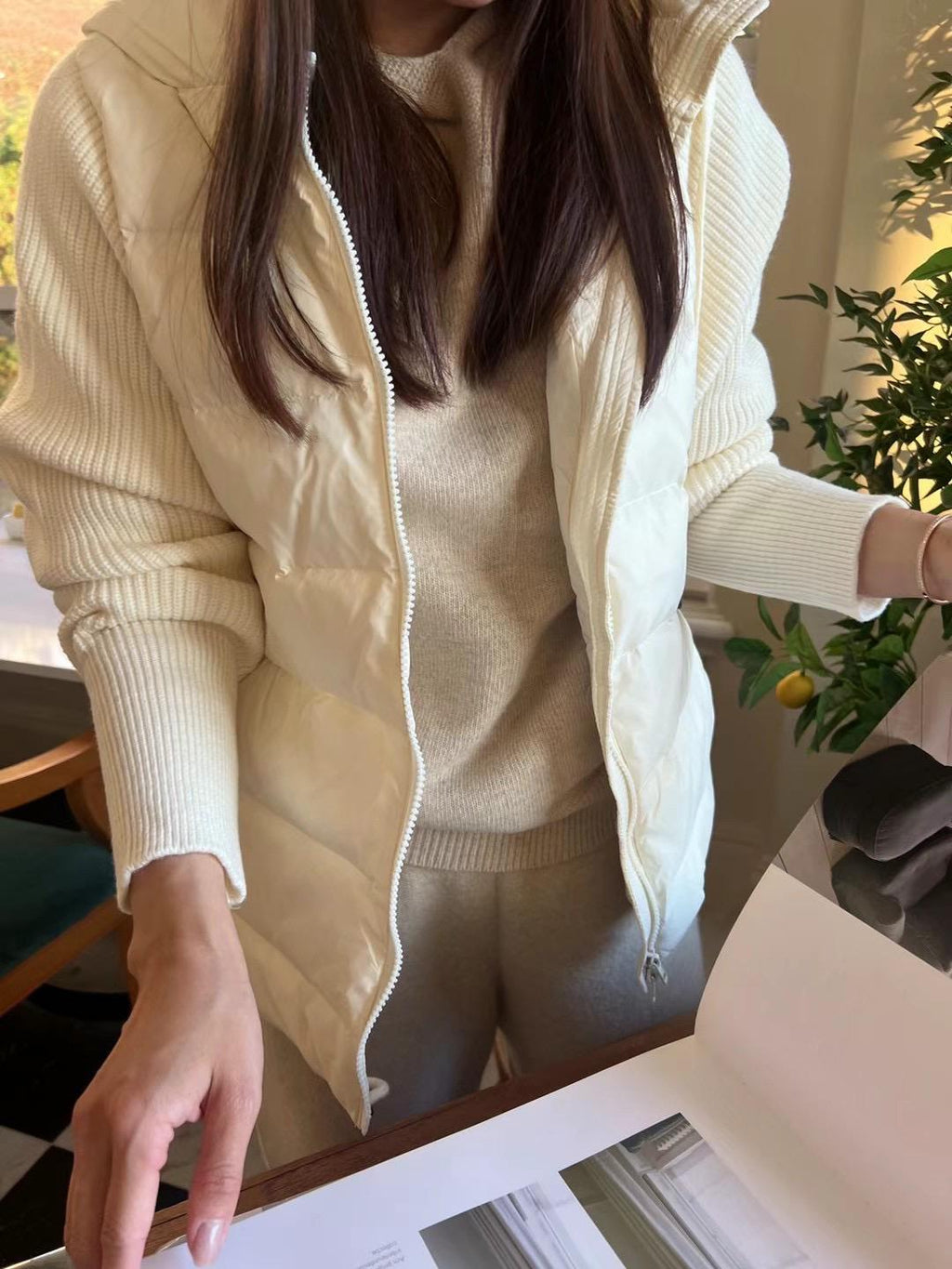 Zip-up Hooded Quilted Knitted Sleeves Jacket *3 Colors