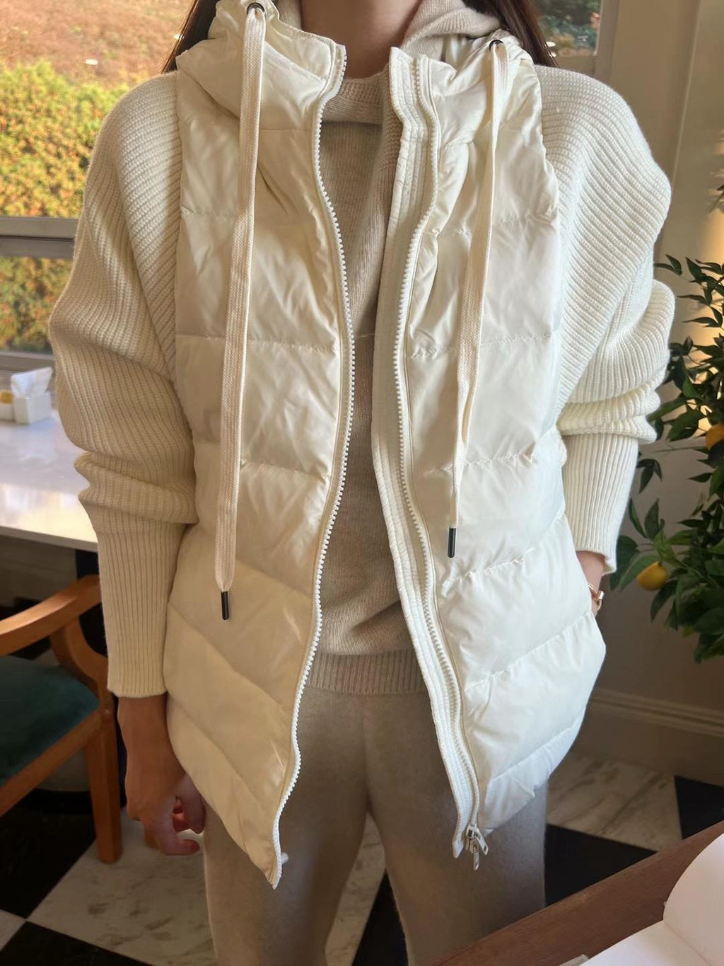 Zip-up Hooded Quilted Knitted Sleeves Jacket *3 Colors