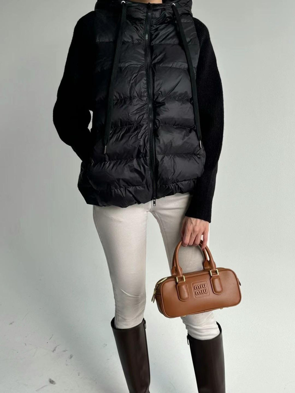 Zip-up Hooded Quilted Knitted Sleeves Jacket *3 Colors