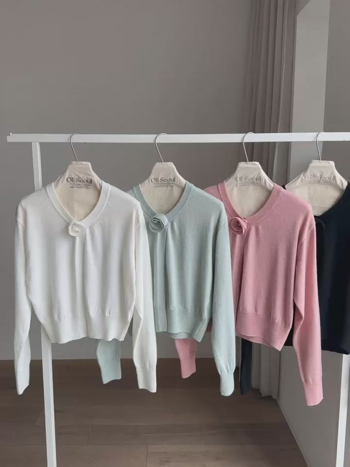 V-Neck Knitted Flower Button Cardigan *4 Colors